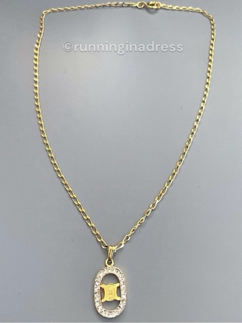 Celine Vintage Triomphe Gold Rhinestone Pendant Necklace Blason Macadam Medal